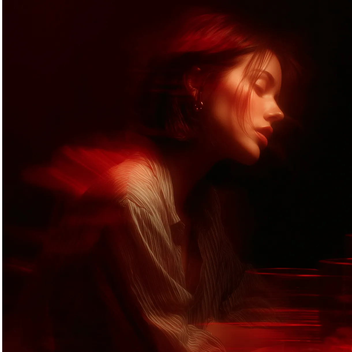 Profile of a woman with closed eyes illuminated by red light and wearing a striped shirt.